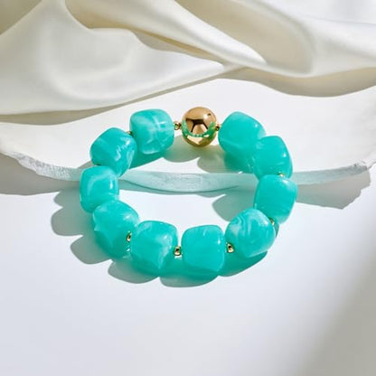 WOWORAMA Chunky Beaded Bracelets for Women Colorful Large Square Beads Bracelet Boho Acrylic Resin Stretch Bracelets Statement Chunky Bracelet Summer Jewelry - color: Square-Lake Blue