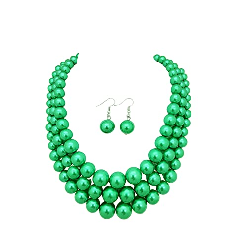 Fashion 21 Women's Faux Pearl Three Multi-Strand Statement Necklace and Earrings Set - color: Green