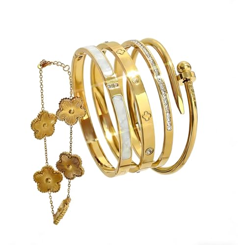Bangle Bracelet Set for Women Stackable No Tarnish 18K Gold Plated Stainless Steel Dainty Gold Bangle Bracelets - color: 5pcs Set