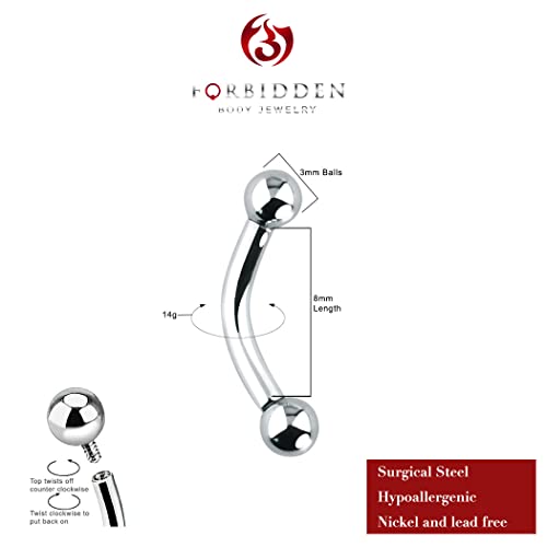 Forbidden Body Jewelry Curved Barbell Piercing Jewelry - 00GA-16GA Silver Eyebrow Piercing - Surgical Steel Snake Eye Frog Eyes Tongue Rings & Belly Rings for Women (6/14mm Bar, 3/12mm Balls) - style: 14GA, 8mm Length, 3mm Balls