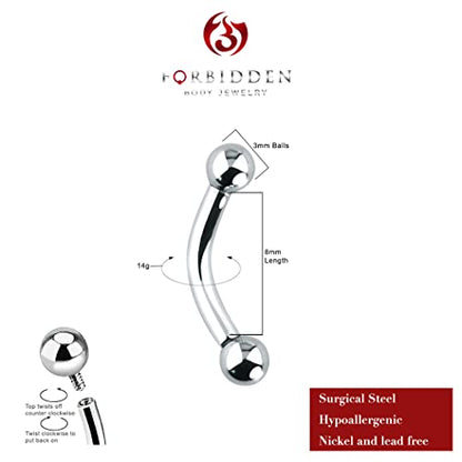 Forbidden Body Jewelry Curved Barbell Piercing Jewelry - 00GA-16GA Silver Eyebrow Piercing - Surgical Steel Snake Eye Frog Eyes Tongue Rings & Belly Rings for Women (6/14mm Bar, 3/12mm Balls) - style: 14GA, 8mm Length, 3mm Balls
