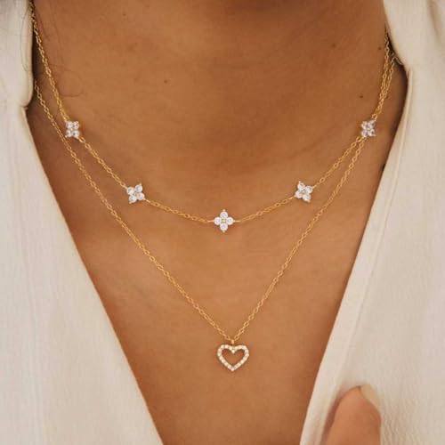Dainty Silver Gold Necklaces for Women Cute Station Choker Simulated Diamond Necklace Simple Layering CZ Necklace Trendy Jewelry Gifts - color: Gold, style: Flower
