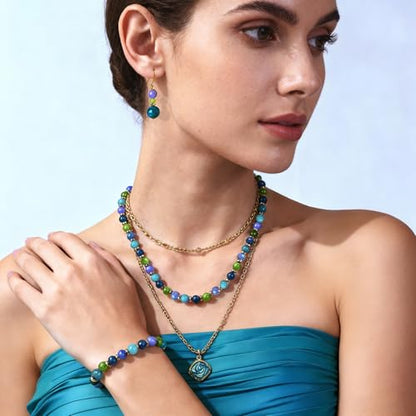 Beaded Necklaces for Women 3Pcs Colorful Boho Gemstone Bead Choker Summer Natural Stone Surfer Beach Bead Necklace Bracelets Earring Set Handmade Jewelry for Women Gift Jewelry Sets - color: Green/Blue