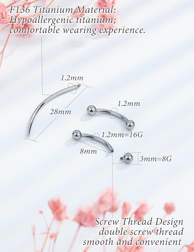 Eyebrow Piercing Jewelry F136 Titanium Internally & externally Threaded Curved Barbell Vertical Labret Lip Jewelry Ear Rook Navel Belly Button Ring Women Men 20g 18g 16g 6mm/8mm/10mm/12mm - color: 8mm 16G Internal Thread Titanium Ball Eyebrow Rings