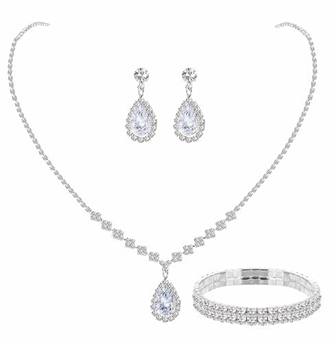 Paxuan Silver/Gold Rhinestone Crystal Wedding Bridal Bridesmaids Earrings Bracelet Set for Women Brides Bridesmaids Crystal Rhinestone Bracelet Earrings Set for Wedding Bridal Prom Pageant - color: Style1 - Necklace + Earrings + Bracelet(Silver Plated Whi