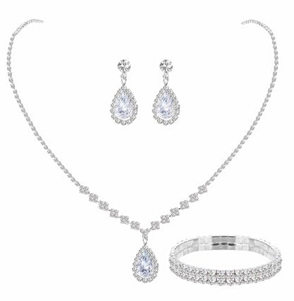 Paxuan Silver/Gold Rhinestone Crystal Wedding Bridal Bridesmaids Earrings Bracelet Set for Women Brides Bridesmaids Crystal Rhinestone Bracelet Earrings Set for Wedding Bridal Prom Pageant - color: Style1 - Necklace + Earrings + Bracelet(Silver Plated Whi