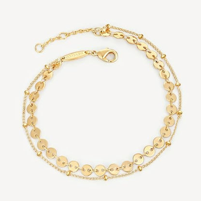 MEVECCO Dainty Chain Bracelets for Women, Layered and Charm Styles | 14K Gold Plated Brass, Select Cubic Zirconia Accents, Single and Multi-Row Structures for Refined Everyday Wristwear - style: 2 Layer Coin Chain Satellite Chain