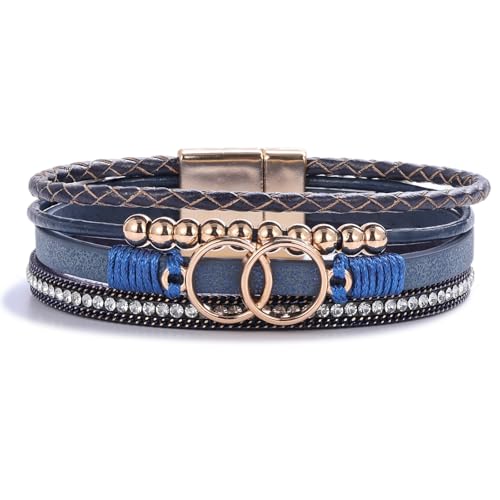 Chunky Boho Leather Wrap Bracelets Cowgirl Beaded Circle Western Jewelry | Stackable Infinity Layered Bohemian Magnetic Clasp Cuff Statement Fashion Colorful Country Hippie Outfits for Women Trendy - color: Navy Blue