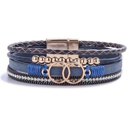 Chunky Boho Leather Wrap Bracelets Cowgirl Beaded Circle Western Jewelry | Stackable Infinity Layered Bohemian Magnetic Clasp Cuff Statement Fashion Colorful Country Hippie Outfits for Women Trendy - color: Navy Blue