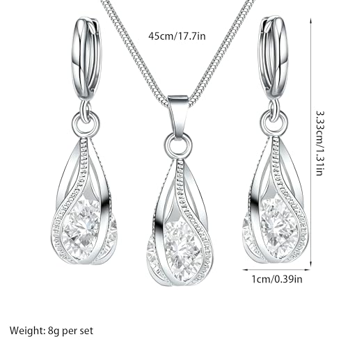 Crystal Jewelry AlloyTeardrop Pendant Necklace Drop Earrings Set Elegant Sapphire Color Jewelry for Women - color: White
