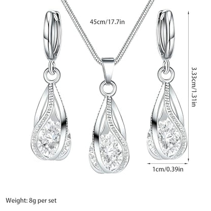 Crystal Jewelry AlloyTeardrop Pendant Necklace Drop Earrings Set Elegant Sapphire Color Jewelry for Women - color: White