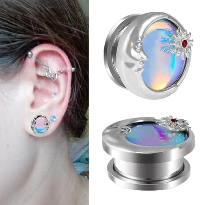 2PCS Sun Moon Ear Tunnels Plugs Flash Film 316L Stainless Steel Screw Ear Expander Stretcher Piercing Ear Gauges Body Jewelry 8mm-25mm - color: 1"(25mm)