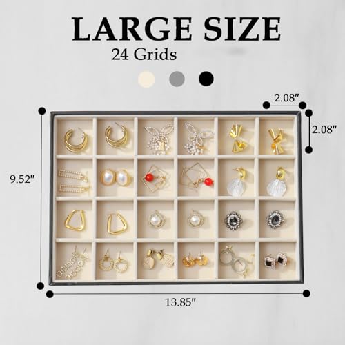 Large Jewelry Organizer Tray, Stackable Jewelry Storage Holder PU Leather Velvet Jewellery Display Case for Stud Earring Bracelet Necklace Ring (Black Beige, 24 Grids) - color: Black Beige