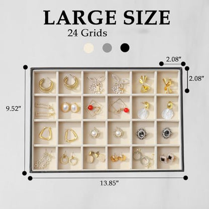 Large Jewelry Organizer Tray, Stackable Jewelry Storage Holder PU Leather Velvet Jewellery Display Case for Stud Earring Bracelet Necklace Ring (Black Beige, 24 Grids) - color: Black Beige