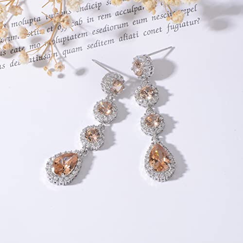 Women's Cubic Zirconia Bridal Earrings - Elegant Long Wedding Party Prom Earring for Bride Bridesmaids Crystal CZ Rhinestone Chandelier Statement Dangle Drop Earrings for girls - color: Champagne-silver