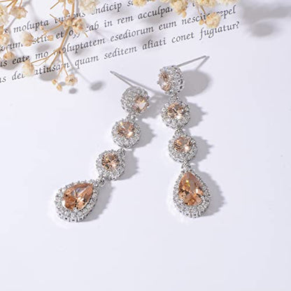 Women's Cubic Zirconia Bridal Earrings - Elegant Long Wedding Party Prom Earring for Bride Bridesmaids Crystal CZ Rhinestone Chandelier Statement Dangle Drop Earrings for girls - color: Champagne-silver