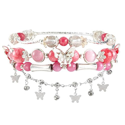 Besydec Stackable Boho Beaded Bracelets With Natural Stone & Pearl Heart & Clay Beads for Women,Adjustable Silver Jewelry - color: Pink