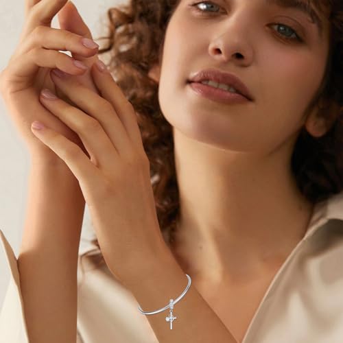 PROESS Initial Cross Charm 925 Sterling Silver Letter A B C Pendant Dangle Charm Beads for Bracelet Initial Cross Jewelry Gifts for Women - style: 14-N