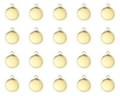 Shapenty Gold Stainless Steel Round Bezel Blanks Pendant Trays for Earrings Bracelet Necklace Keychain DIY Craft Resin Glass Cabochon Jewelry Making Projects Christmas Gift Hanging Charms, 20PCS - size: 14mm