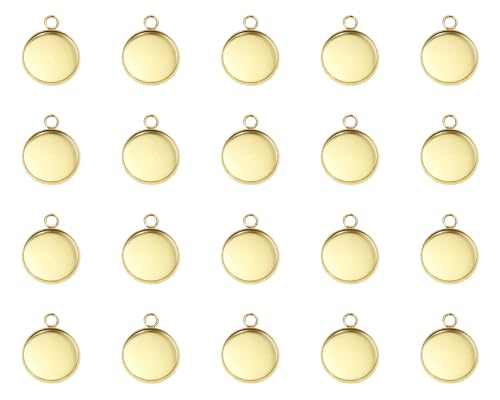 Shapenty Gold Stainless Steel Round Bezel Blanks Pendant Trays for Earrings Bracelet Necklace Keychain DIY Craft Resin Glass Cabochon Jewelry Making Projects Christmas Gift Hanging Charms, 20PCS - size: 14mm