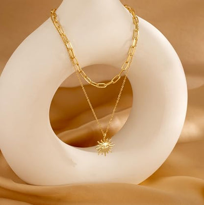 CHESKY Layered Necklaces for Women Trendy, Dainty 14k Gold Plated Pendant Necklace Layering Necklace for Women Non Tarnish Hypoallergenic Sun Gold Necklace Stack Gold Jewelry for Women Gifts - style: Sun-God2