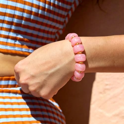 Bead Bracelet for Women Vibrant Color Resin Beads Bracelets Elastic Stretch Chunky Bracelet Boho Summer Beach Vacation Jewelry - color: DunPink