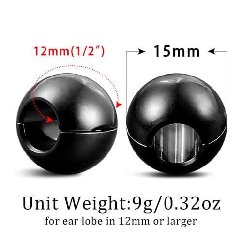 1 pair 9g ear weight Classic Spheres, Hypoallergenic 316 Stainless Steel Ear Weights Plugs Tunnels Gauges for Ear Body Jewelry Women Men - color: Black for Ear Lobe in 12mm+ (1/2") or Large