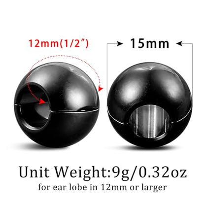 1 pair 9g ear weight Classic Spheres, Hypoallergenic 316 Stainless Steel Ear Weights Plugs Tunnels Gauges for Ear Body Jewelry Women Men - color: Black for Ear Lobe in 12mm+ (1/2") or Large