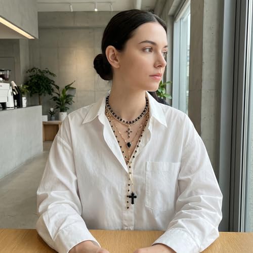 Bocar Layered Black Bead Cross Pendant Y-Necklace for Women Gold Accent Retro Choker Jewelry Ideal Gift(NK-10822) - color: Black