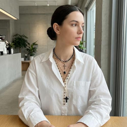 Bocar Layered Black Bead Cross Pendant Y-Necklace for Women Gold Accent Retro Choker Jewelry Ideal Gift(NK-10822) - color: Black