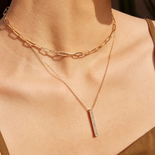 Valloey Rover Gold Necklaces for Women | Dainty 14K Gold/Sterling Silver Plated Cubic Zirconia Star Moon Pendant Necklaces Twist Rope Chain Simple Jewelry for Women - style: Gold-Bar