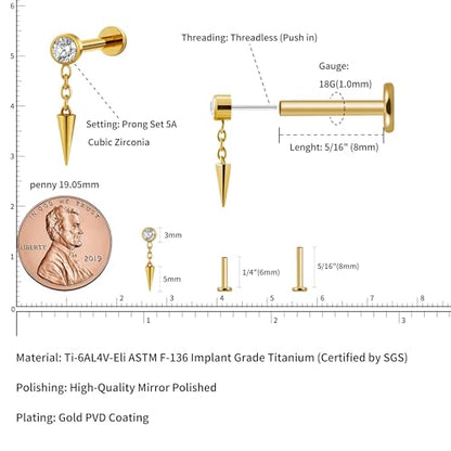 1PC ASTM F136 Titanium Mini Threadless Flat Back Stud 18G 6mm 8mm for Conch Helix Flat Tragus Labret - color: Dangle Cone - Gold