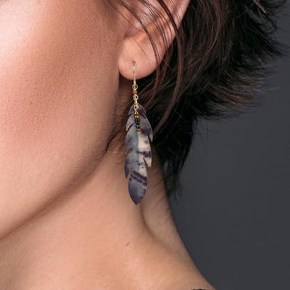 SPUNKYsoul Boho Feather Earrings for Women – Handmade Lightweight Faux Leather Drop Earrings with Earthy Tones – Hypoallergenic & Eco-Friendly Fashion Jewelry - style: Gray/Black/Creme