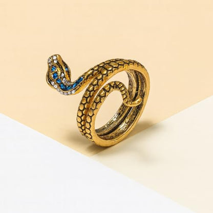 Stainless Steel Snake Ring for Men & Women Adjustable Serpent Wrap Ring with Green Blue Crystal Eye, Vintage Gothic Biker Jewelry, Non-Tarnish Open Band Statement Fashion Accessory Gift - style: Gold Snake