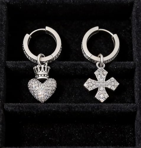 925 Silver Dangle Earrings for Women Sparkly Trendy Dainty Cute Crown Heart Cross CZ Drop Earring Fun Bling Asymmetrical 2000s Y2k Fashion Huggie Hoops Dangling Streetwear Jewelry Accessories - color: S
