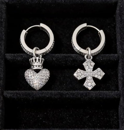 925 Silver Dangle Earrings for Women Sparkly Trendy Dainty Cute Crown Heart Cross CZ Drop Earring Fun Bling Asymmetrical 2000s Y2k Fashion Huggie Hoops Dangling Streetwear Jewelry Accessories - color: S