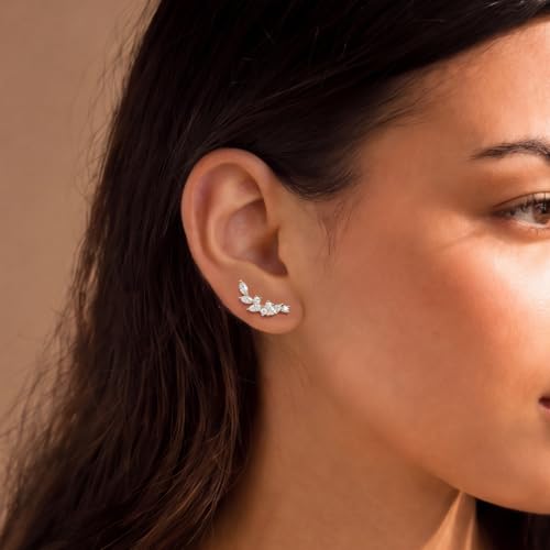 Ear Climber Earrings for Women, 14K Gold Plated/Silver Plated | Crawler Earrings Pierced with Cubic Zirconia, Hypoallergenic Cluster Stud Tragus Conch Daith Cartilage Jewelry Gift for Daily - color: Silver-2