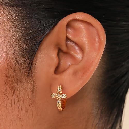 DREMMY STUDIOS Gold Dainty Huggie Hoop Earrings 18K Gold Plated Exquisite Open Tassel Dangle Charm Drop Sleeper Geometric Cross Coin Star Heart White CZ Simple Hypoallergenic Earrings for Women - color: CZ Cross-Hoop