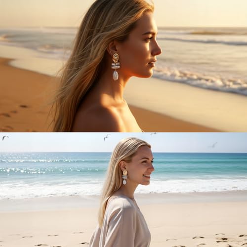 Statement Pearl Dangle Earrings,Gold and Large Pearl,Luxury Chandelier Organic Style Earrings - color: C gold and white