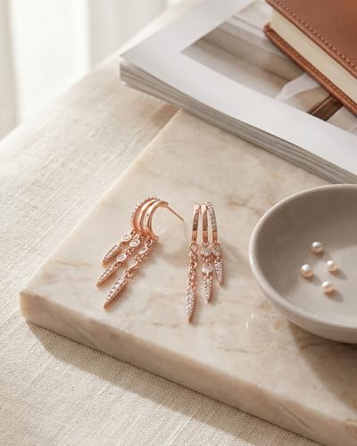 Gold Earrings for Women Trendy 14K Gold Plated Dangle Earrings Small Hoop Huggie Drop Stud Earrings Cubic Zirconia Simple Minimalist Dainty Chain Tassel Hypoallergenic Earrings - color: Tassel & Rose Gold
