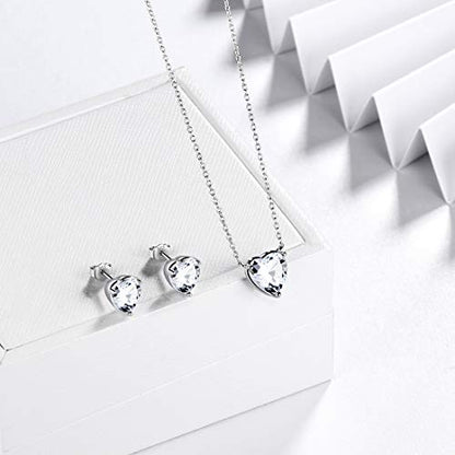 Aurora Tears Hearts Necklace Earrings Jewelry Sets - Women 925 Sterling Silver Birthstone Pendants Earrings Set Crystal Wedding Birthday Jewelry - color: D.April-set