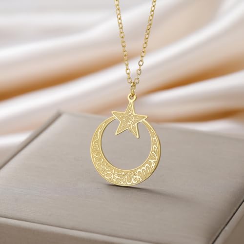 VASSAGO Islamic Ayatul Kursi Necklace Crescent Moon and Star Pendant Arabic Muslim Quran Calligraphy Allah Jewelry Stainless Steel Islam Eid Ramadan Gift for Women Men - color: Gold