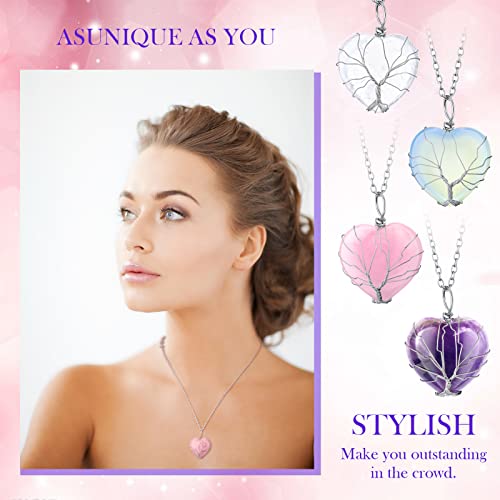 Sureio 4 Pcs Tree Life Healing Crystal Necklace Heart Shape Pendant Rose Quarts Necklace Energy Gemstone Pendant for Woman Valentine Mothers Day