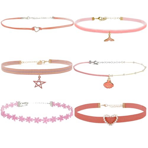 Nova&Aria Chokers Set For Women Heart Choker Necklaces Flower Pendant Velvet Cute Pink Turquoise Blue White Black Choker Necklace Christmas Colorful Lace Chokers - color: Pink-B