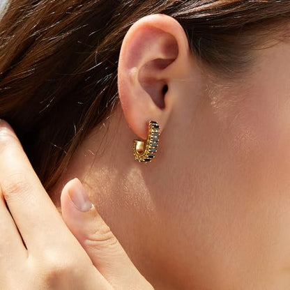 Green Crystal huggie gold hoop earrings for women Girls,14K Gold Plated with 925 Sterling Silver Post color Cubic Zirconia dainty cute Earrings| CZ Stud Earring - color: Black stone