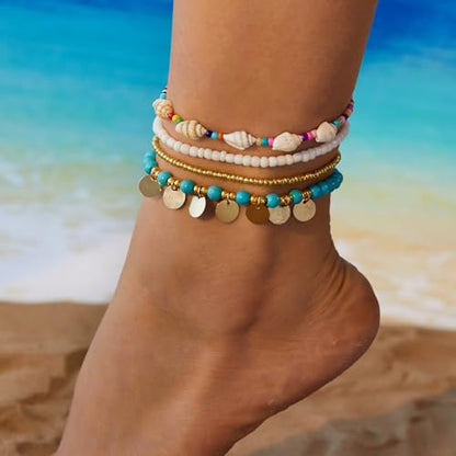 Boho Shell Ankle Bracelet Set for Women Gold Plated Adjustable Anklet Beach Inspired Foot Jewelry with Starfish & Pearl Charms - color: F