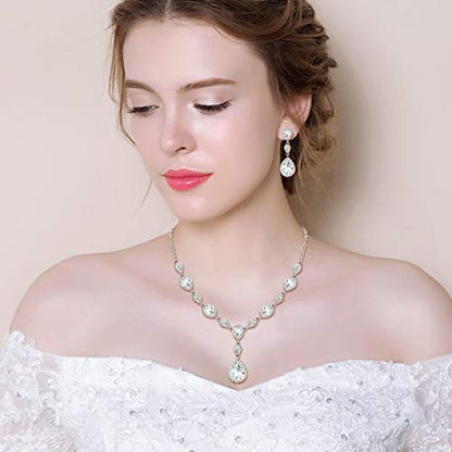 EleQueen Women's Wedding Bridal Jewelry Sets for Brides Bridesmaids, Cubic Zirconia Teardrop Necklace Tennis Bracelet Dangle Earrings Jewellery Set - color: 07-Clear Silver-Tone