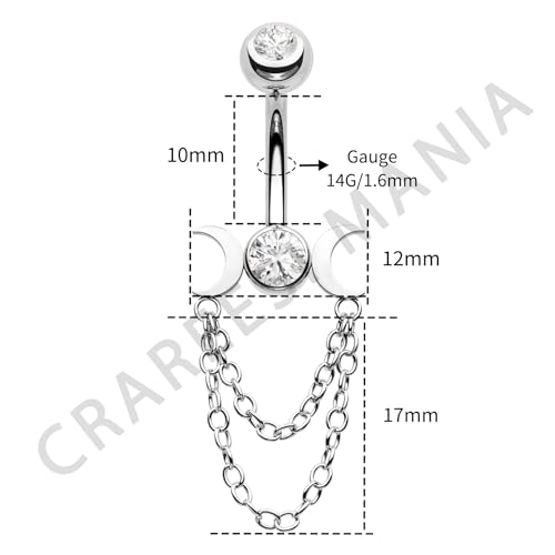 Moon Phase Belly Button Rings Double Chain Belly Rings 316L Stainless Steel Belly Button Piercing Jewelry 14Gauge Belly Ring for Women - color: Clear CZ