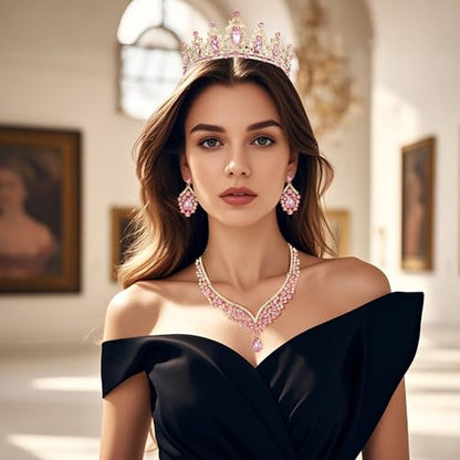 Crowns and Tiaras jewelry sets for Wedding princess birthday party Halloween Prom Pageant Jewelry for Women Crystal Bridal Jewelry Set for women - color: Gold Pink