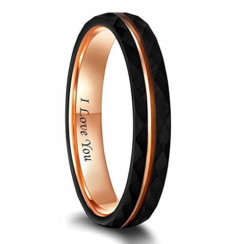 Frank S.Burton 4mm 6mm 8mm Tungsen Rings for Women Men Black and Rose Gold Plated Thin Stacking Rings Hammered Matte Finished Engagement Wedding Bands Comfort Fit Size 5-14 - color: 4mm I Love You